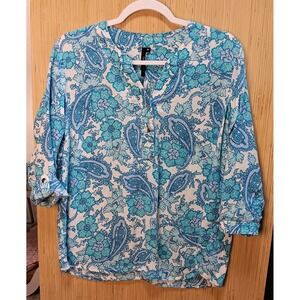 CATHY Sz M Aqua Blue Floral/Paisley Linen Blend Print Tunic Style Top‎ Roll Tab